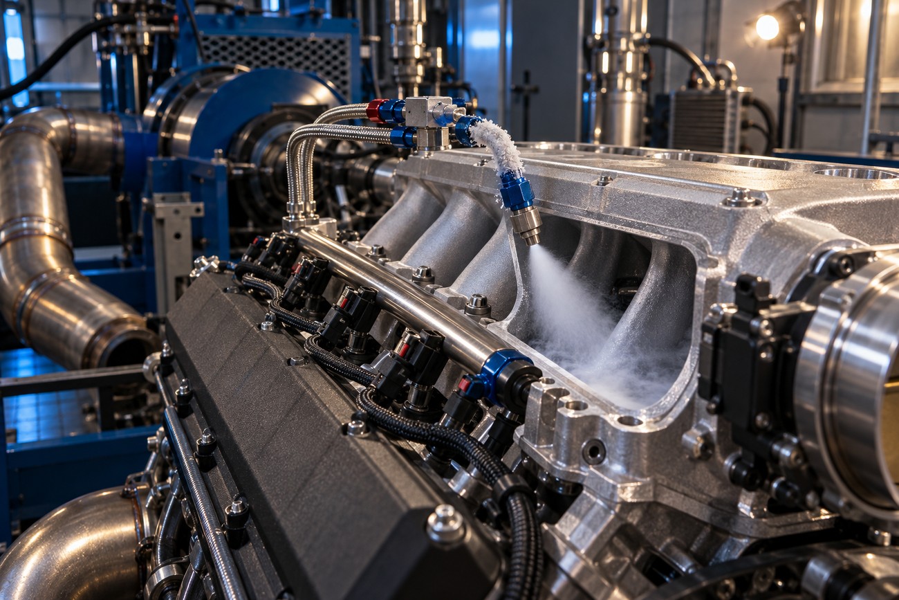A close-up of a nitrous oxide wet kit injecting spray into an engine intake manifold in a laboratory