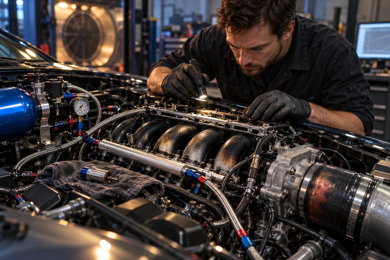 A mechanic wearing gloves uses a flashlight to inspect a nitrous oxide system installed in a car engine bay at a workshop