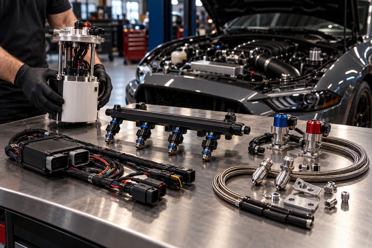 A mechanic holding a fuel pump assembly surrounded by nitrous oxide system components on a workbench in a garage