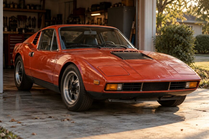 Classic orange Saab Sonett III fiberglass sports car parked on a concrete floor inside a garage