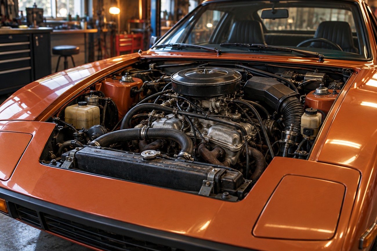 Open orange hood revealing the detailed engine bay of a classic Saab Sonett III sports car parked in a workshop
