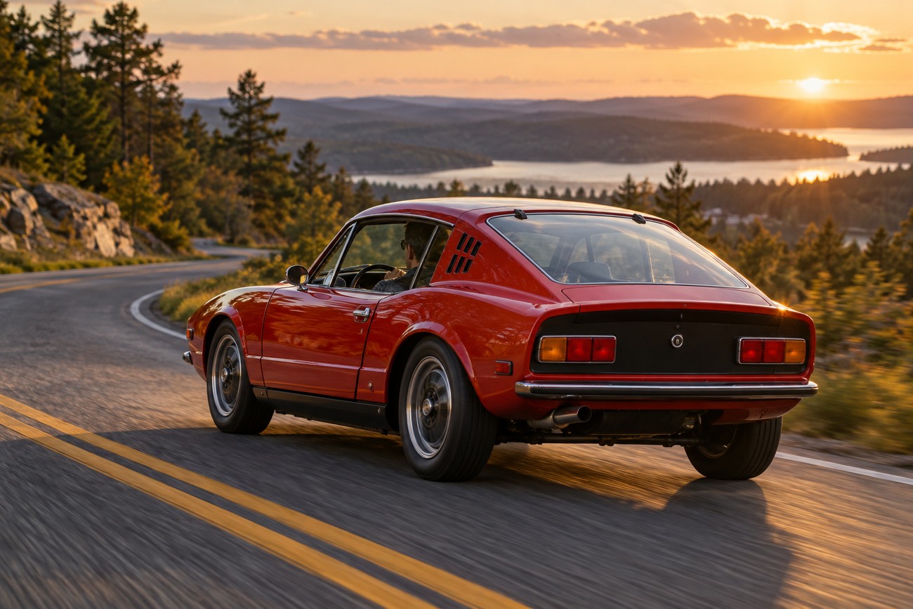 A red Saab Sonett III fiberglass sports car driving on a winding coastal road during a scenic sunset