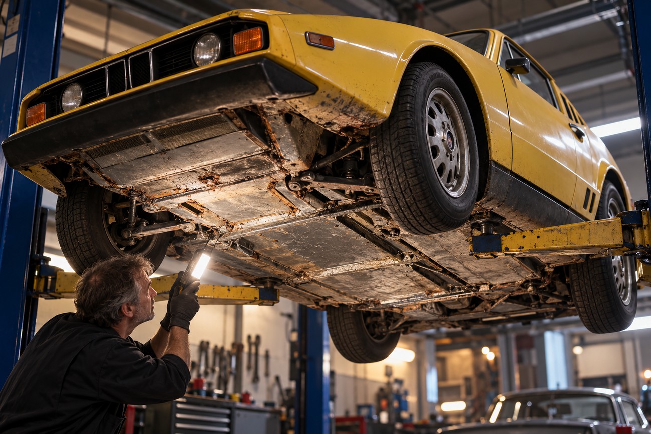 A mechanic in a workshop uses a work light to inspect the rusty undercarriage of a yellow Saab Sonett III lifted on a hydraulic hoist