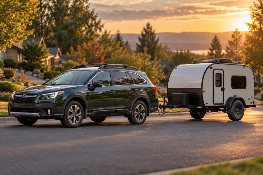 A dark green Subaru Outback towing a small white teardrop camper parked on a suburban road at sunset