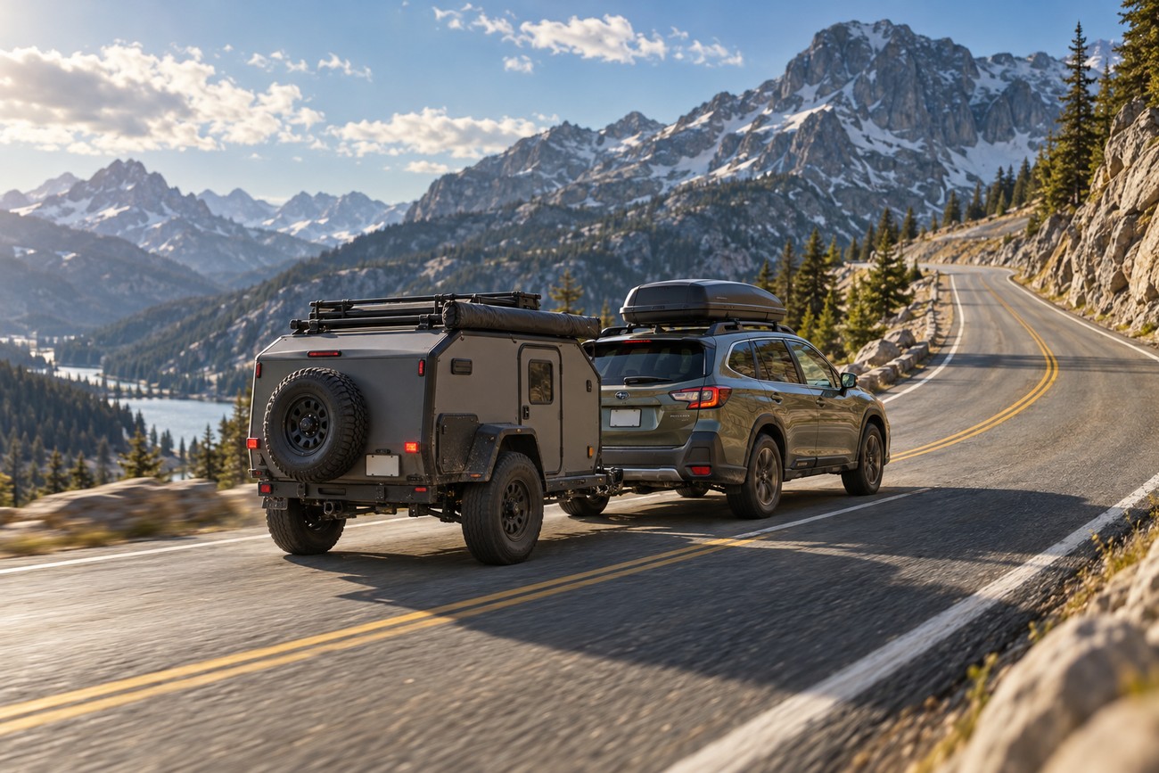 A green Subaru Outback towing a small teardrop camper driving on a winding mountain road with majestic peaks