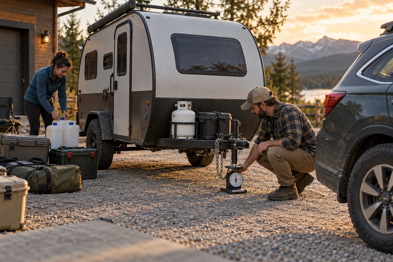 A man crouching to check the tongue weight scale of a teardrop camper while a woman packs gear near a Subaru Outback