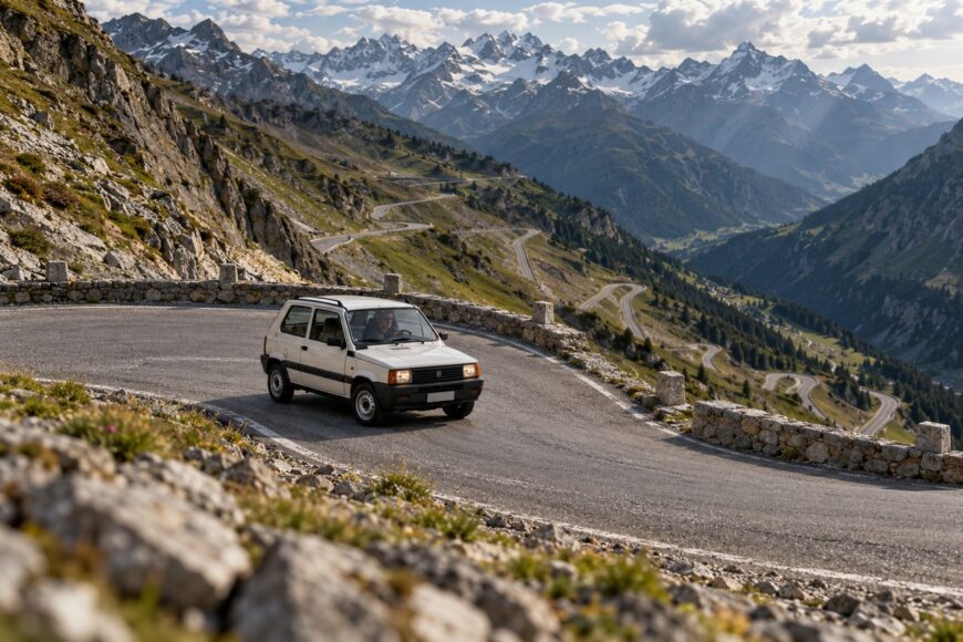 A white Fiat Panda driving along a winding mountain road on Stelvio Pass with towering peaks in the background