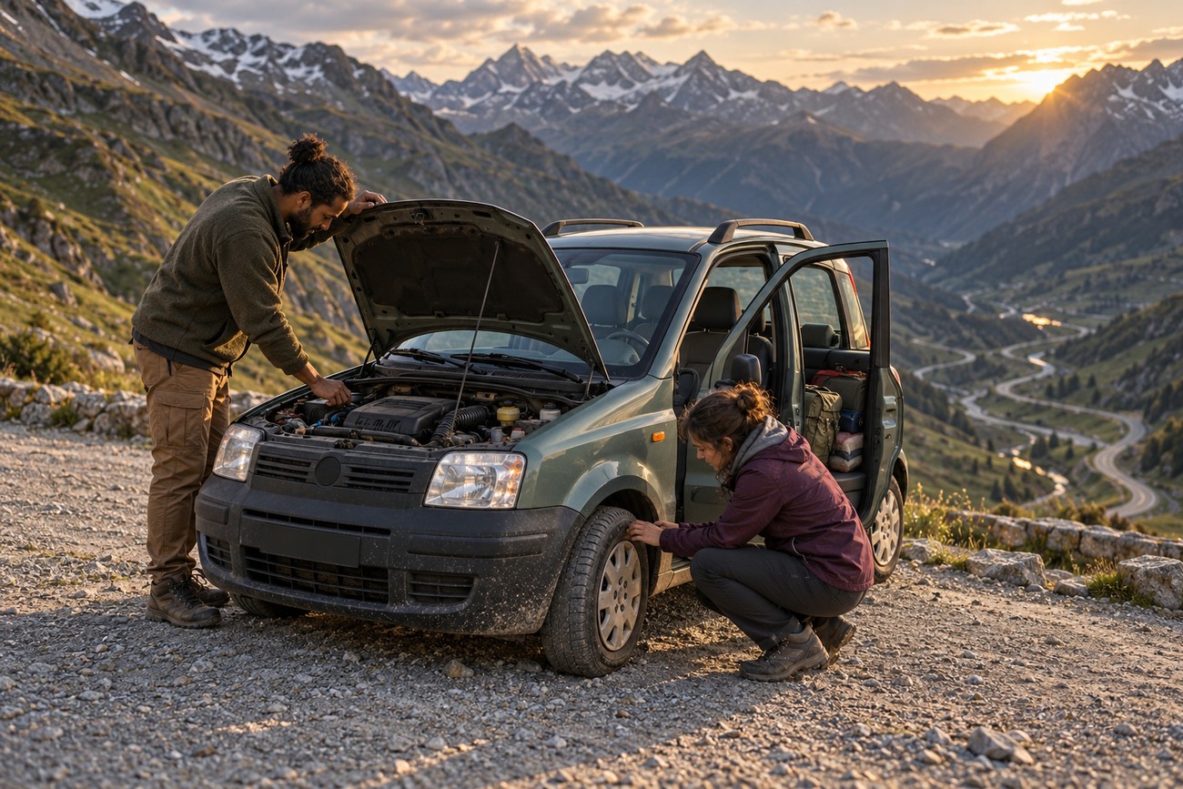 A man looking under the hood and a woman checking the tire of a green Fiat Panda parked on a mountain overlook along Stelvio Pass at sunset