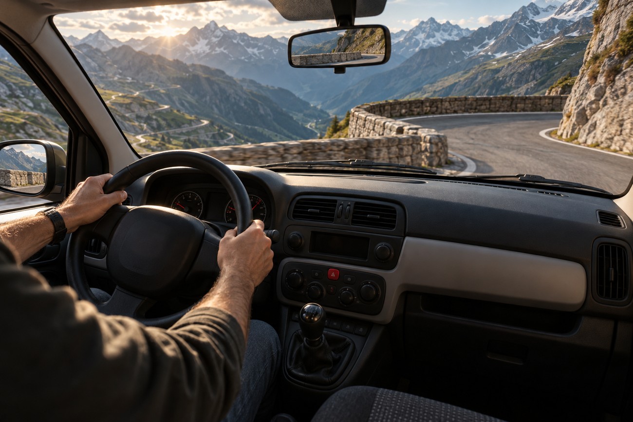 Driver holding the steering wheel of a Fiat Panda while ascending a scenic mountain road with hairpin turns in the Alps