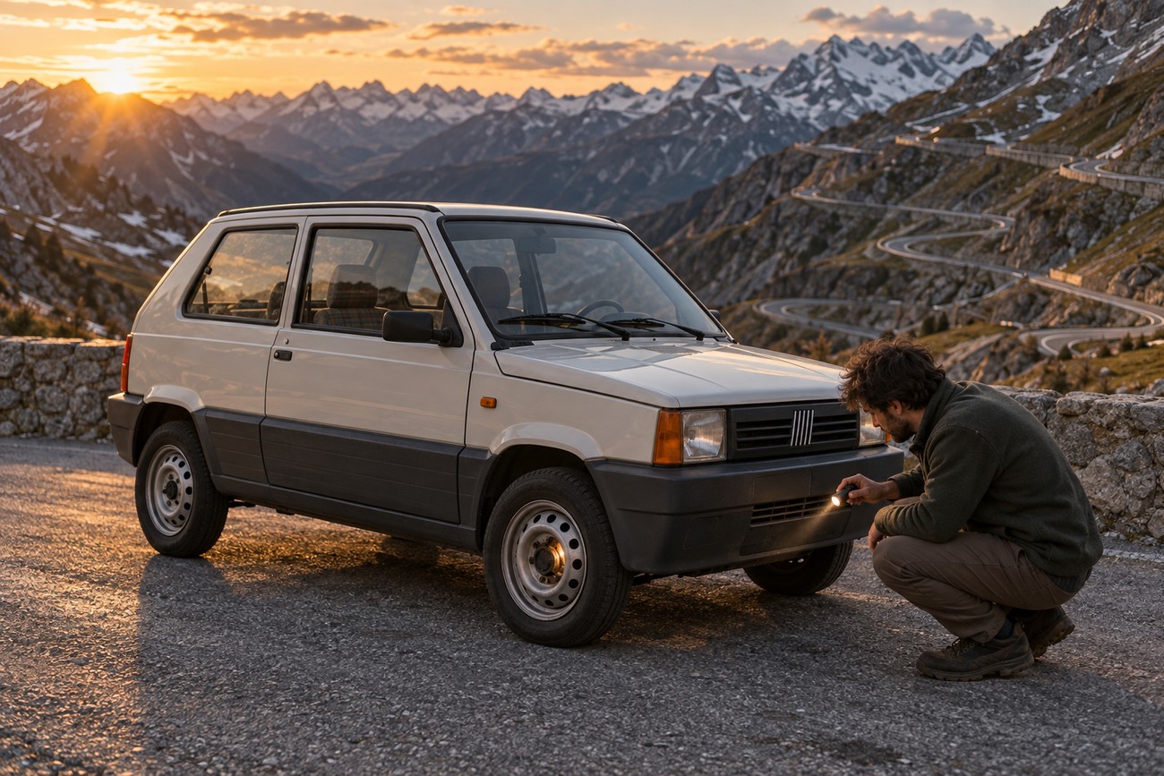 A man crouching and inspecting the front of a vintage white Fiat Panda parked on the winding Stelvio Pass road at sunset