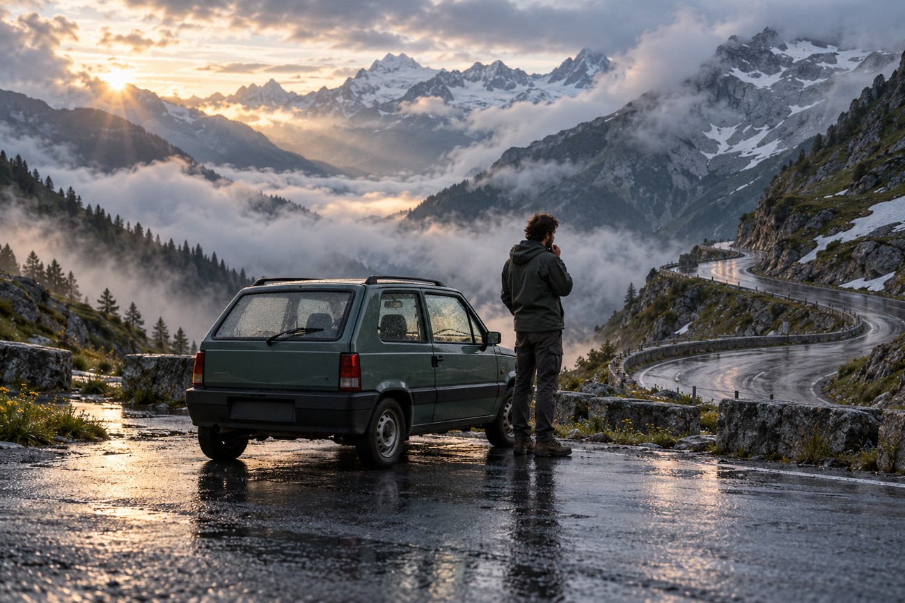 A traveler stands next to a green Fiat Panda parked on a wet mountain road overlooking alpine peaks