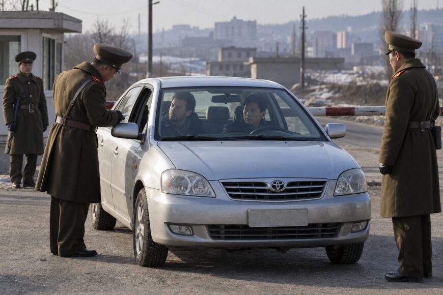 North Korean soldiers inspecting a silver Toyota Corolla and its passengers at a roadside checkpoint