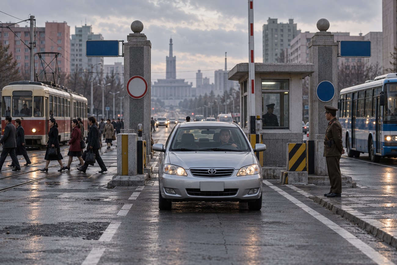 A silver Toyota Corolla driving past a security checkpoint guarded by a soldier on a city street