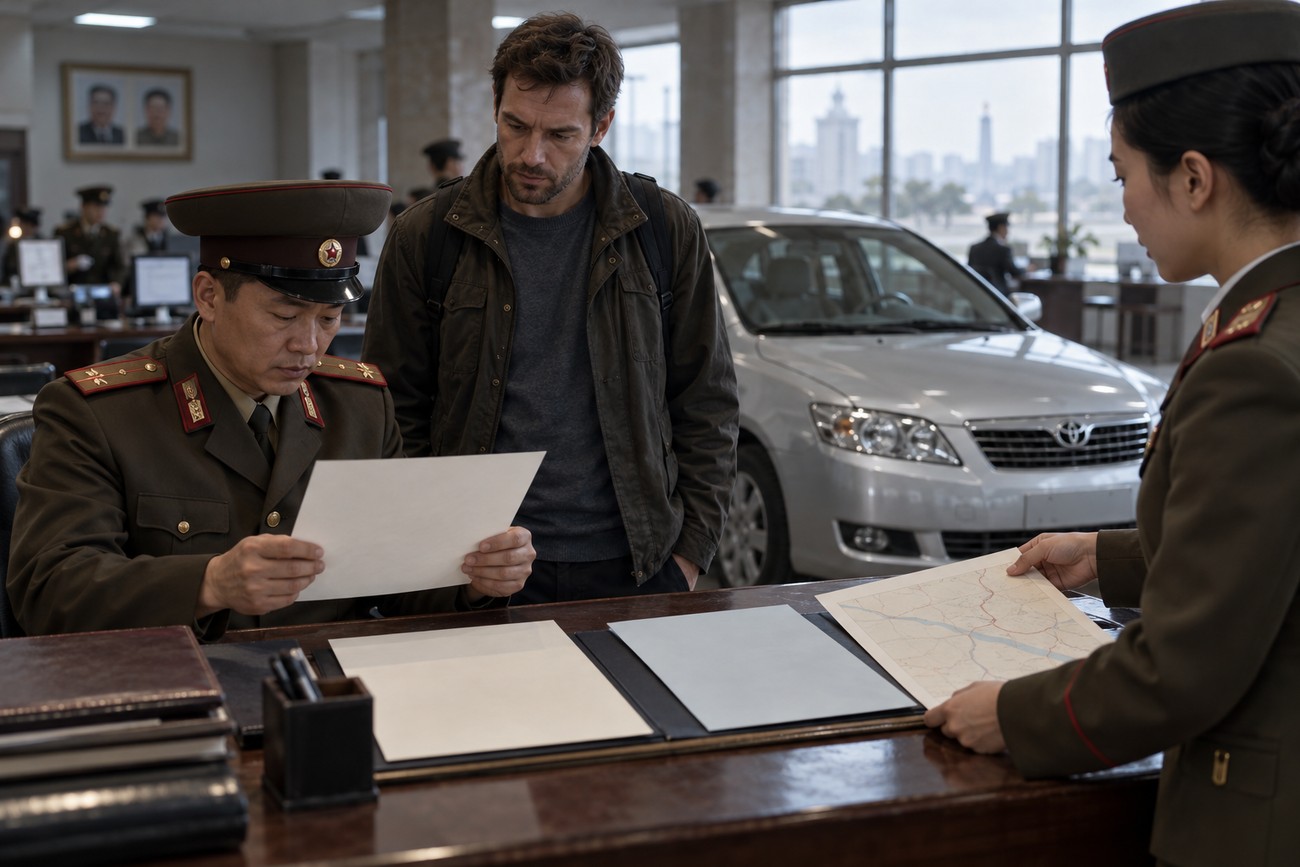 A foreign man looking anxiously at documents while North Korean military officers inspect them near a silver car inside an office