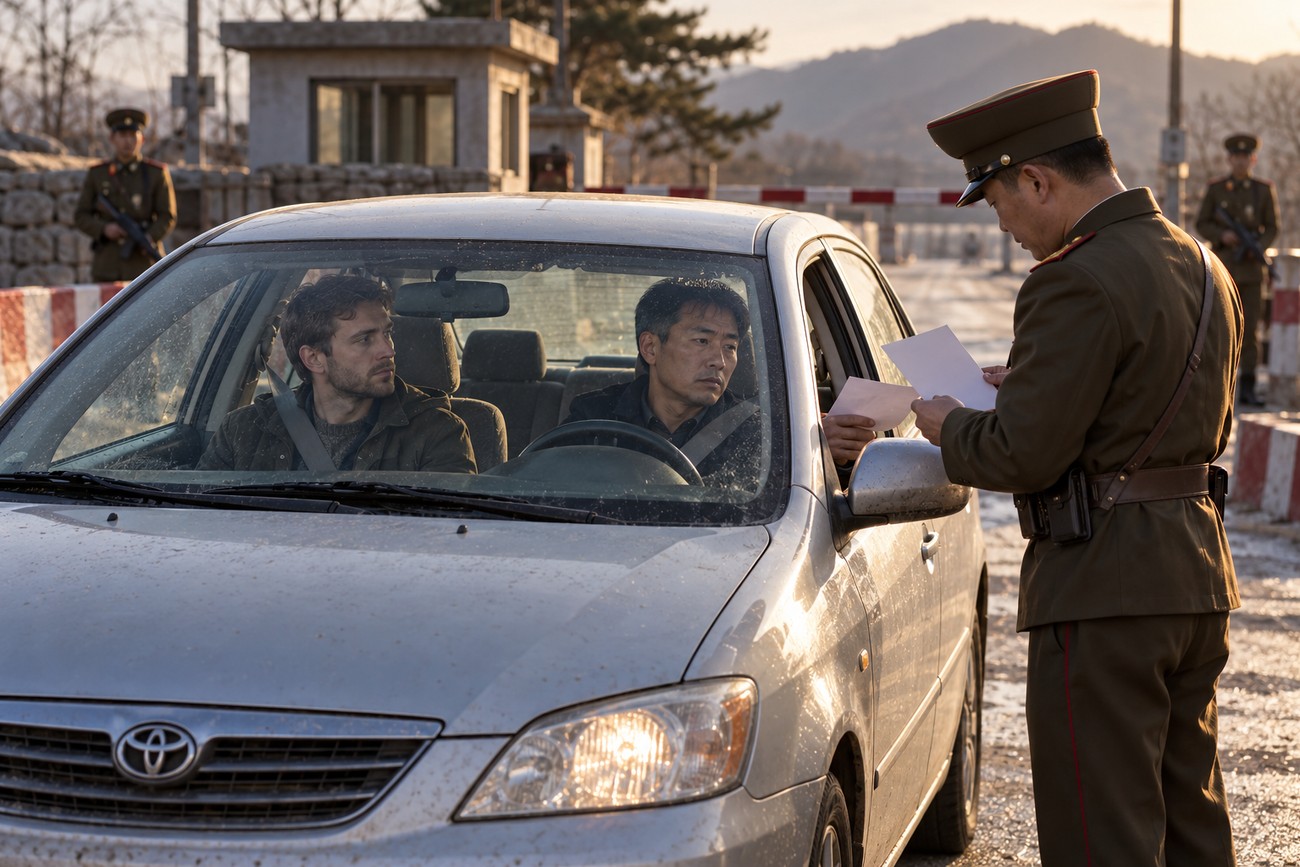 North Korean border guard inspecting documents of two men sitting inside a silver Toyota Corolla at a checkpoint
