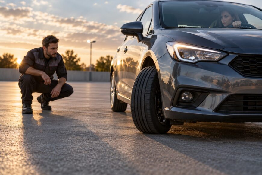 A mechanic in workwear crouches down to inspect the front wheel and steering system of a gray car as a woman sits inside turning the steering wheel