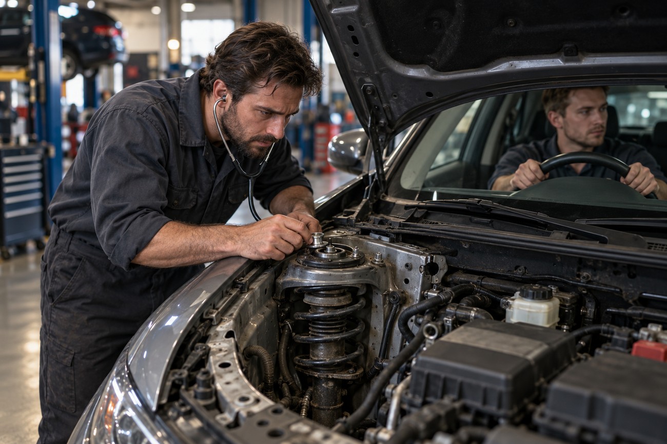 A mechanic in a repair shop uses a stethoscope to listen to the car suspension while another person sits inside the vehicle