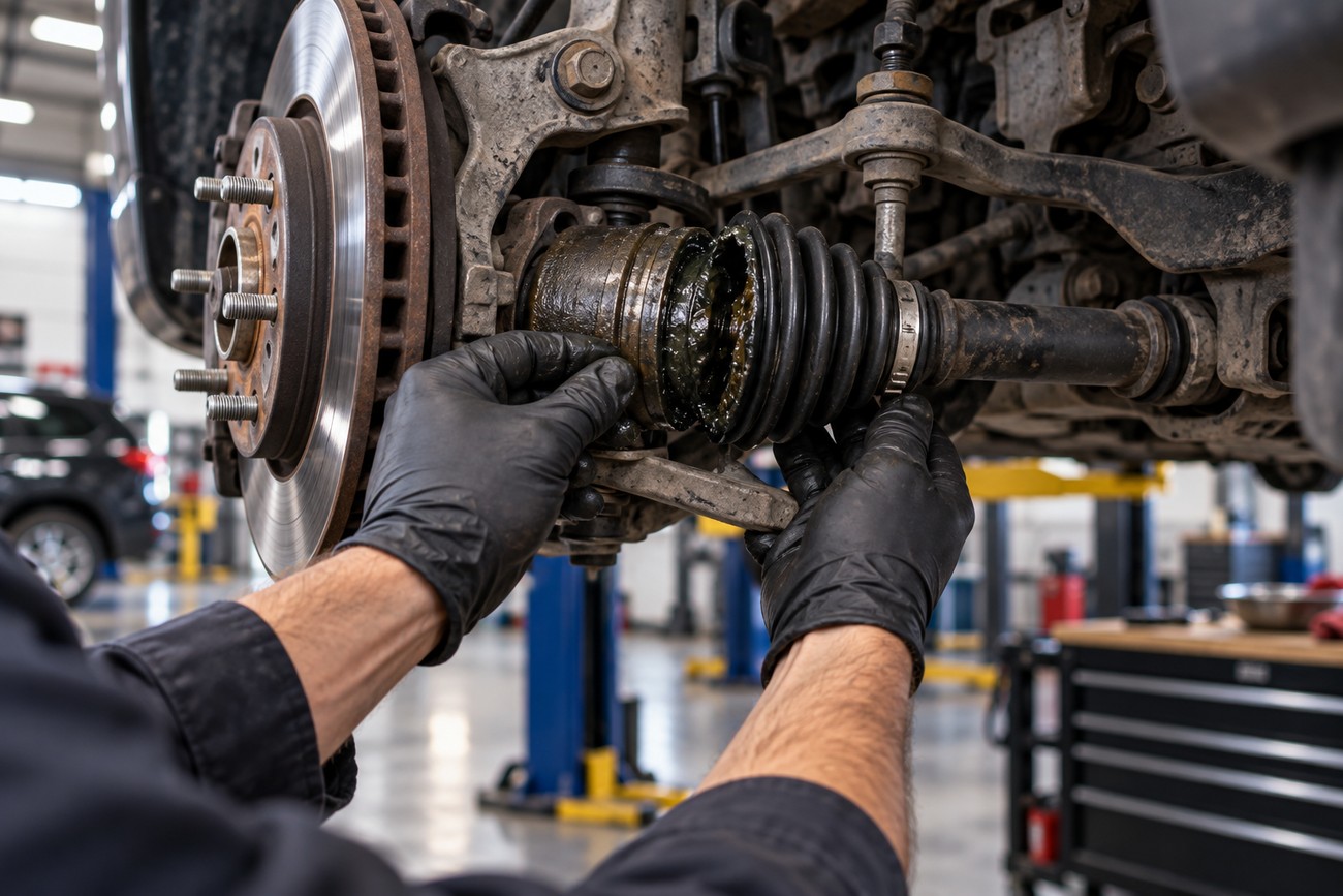 A mechanic in black gloves inspecting a damaged CV joint with a torn boot leaking grease on a car suspension