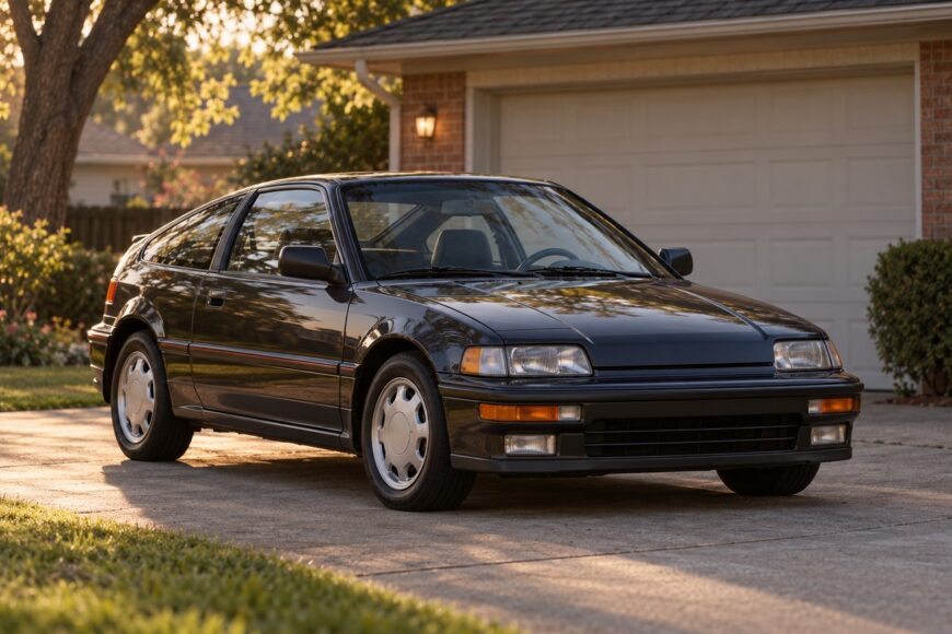 A classic black Honda CR-X Si parked on a concrete driveway in front of a suburban garage