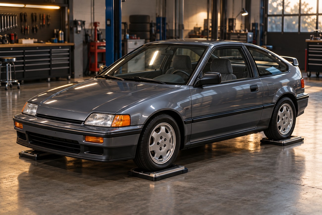 Classic gray Honda CR-X Si sports hatchback parked on platform scales inside a professional auto garage