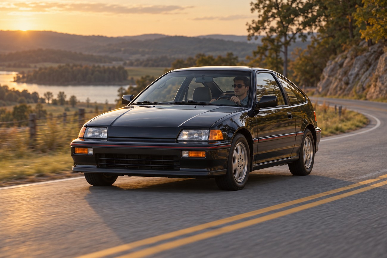 A black Honda CR-X Si drives along a scenic coastal road at sunset with a driver inside