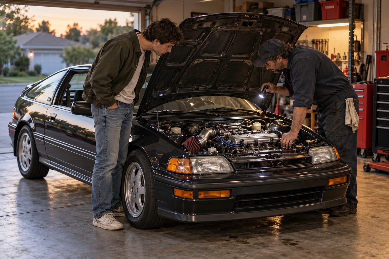 Two men examining the engine of a black Honda CR-X Si with the hood open inside a garage