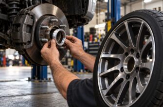 A mechanic installing a metal hub-centric ring onto the vehicle wheel hub in an auto repair shop