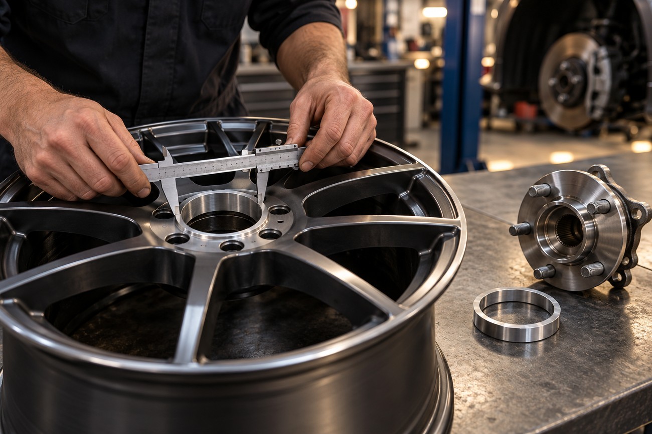 Mechanic using a caliper to measure the center bore of an alloy wheel on a workbench with a hub-centric ring and wheel hub