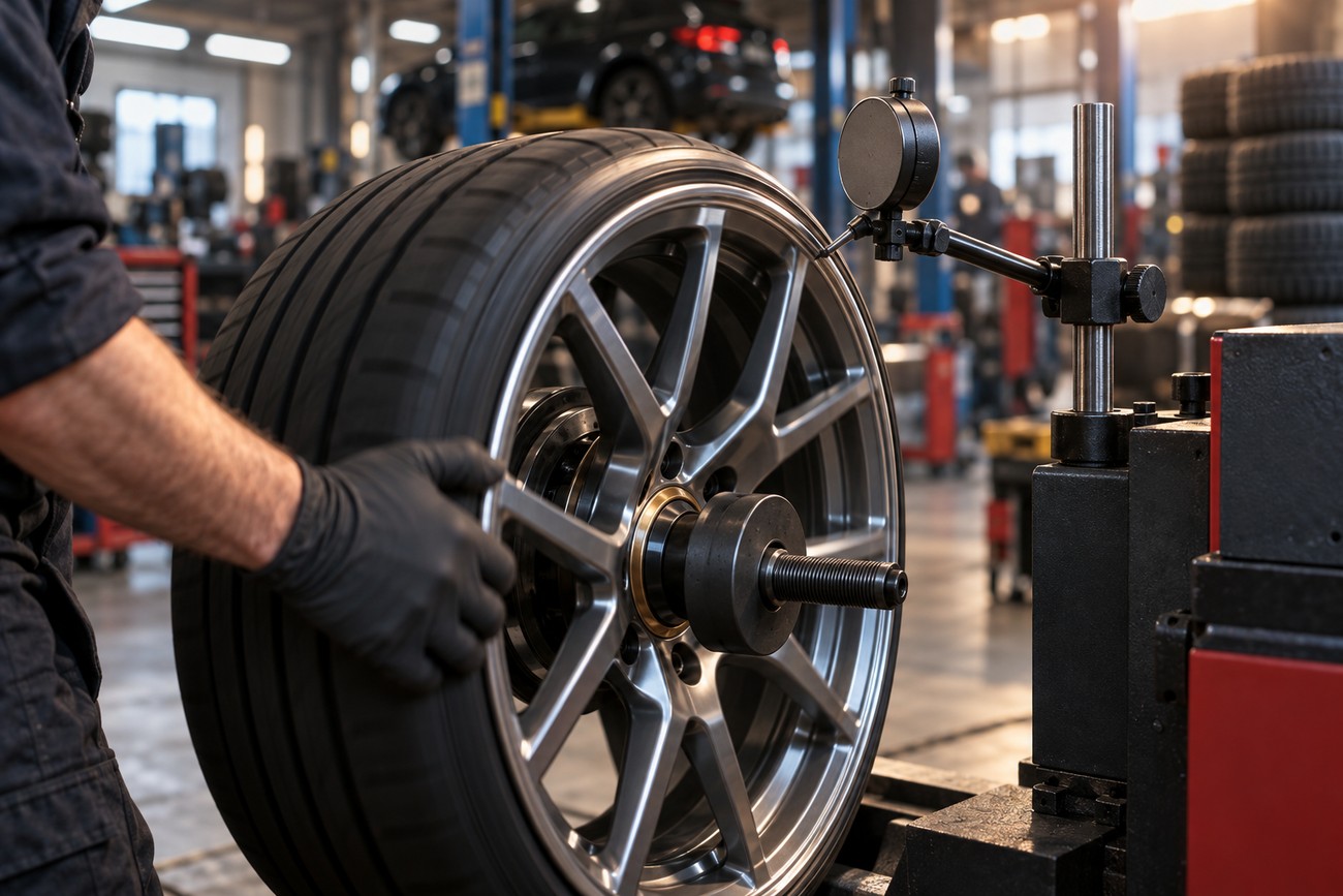 Mechanic in black gloves mounting a car wheel on a diagnostic balancing machine in a repair shop