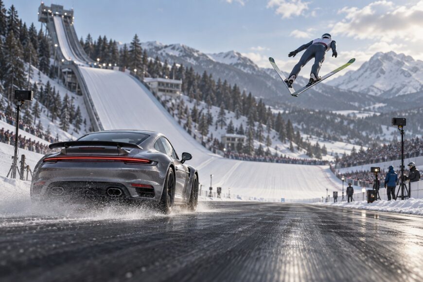 A silver Porsche 911 Turbo S driving on a snowy track while a ski jumper soars through the air overhead near a massive ski jump ramp