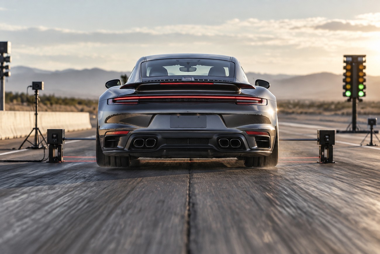 Rear view of a dark Porsche 911 Turbo S positioned on a drag strip with timing equipment during a performance test
