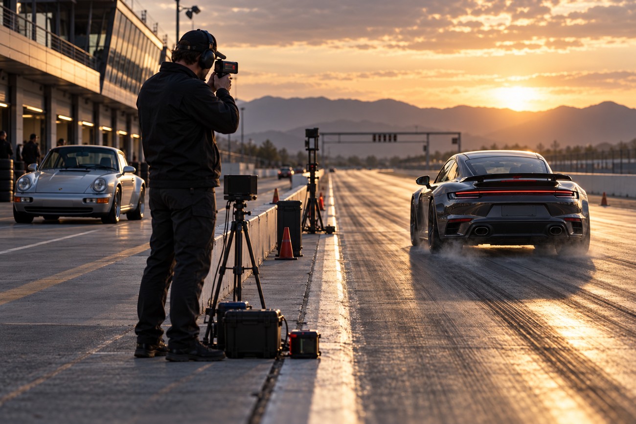 A cameraman with equipment films a Porsche 911 Turbo S accelerating on a track at sunset