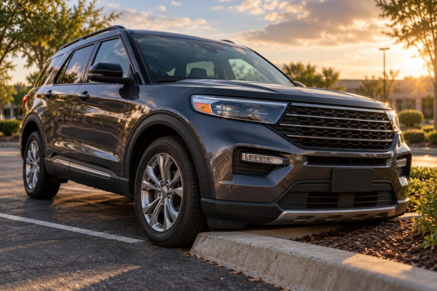 Dark grey Ford Explorer SUV with its front wheel pressed tightly against a concrete parking lot curb at sunset