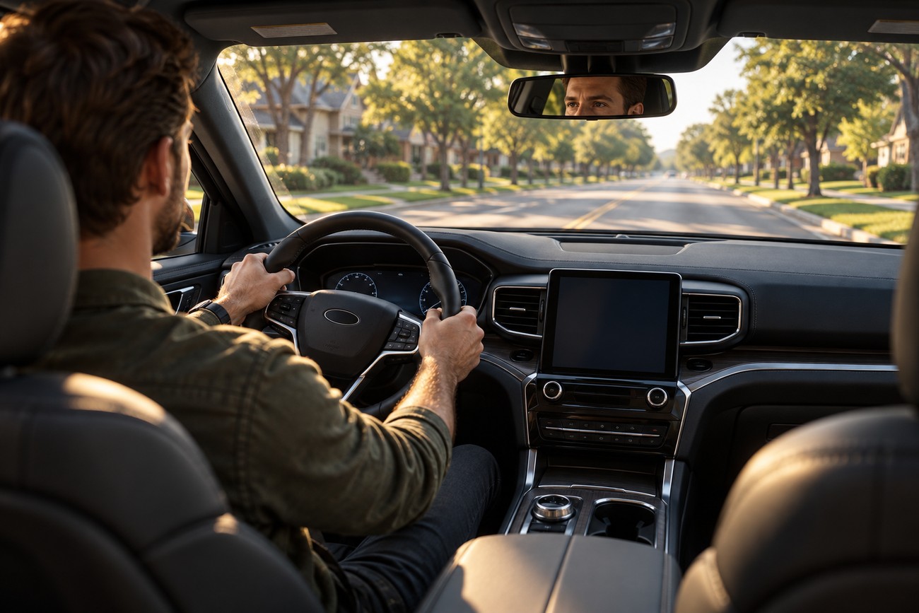 A male driver holding the steering wheel inside the modern interior of a Ford Explorer on a suburban street