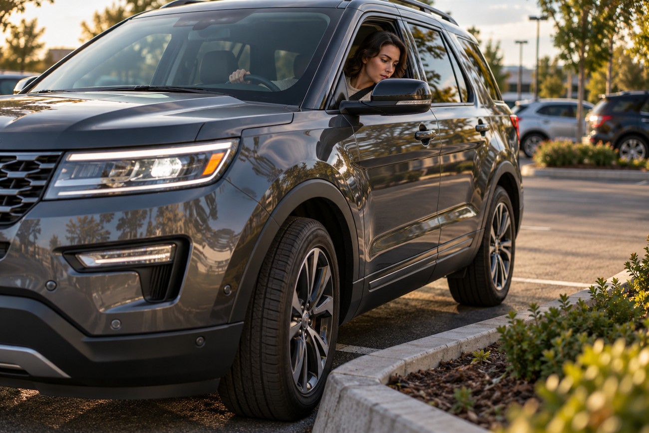 A woman driving a dark grey Ford Explorer SUV that has bumped against a concrete curb in a parking lot