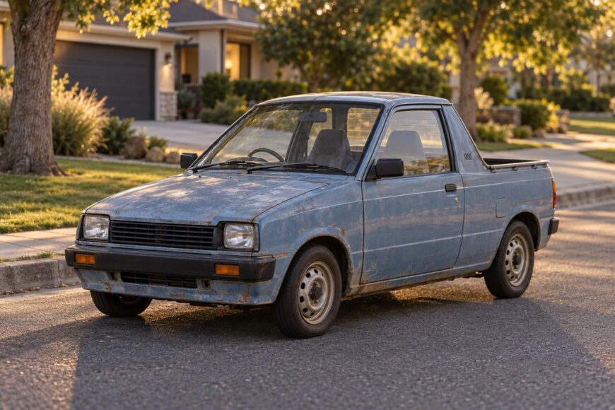 A weathered light blue Suzuki Mighty Boy kei coupe pickup parked on a quiet residential street