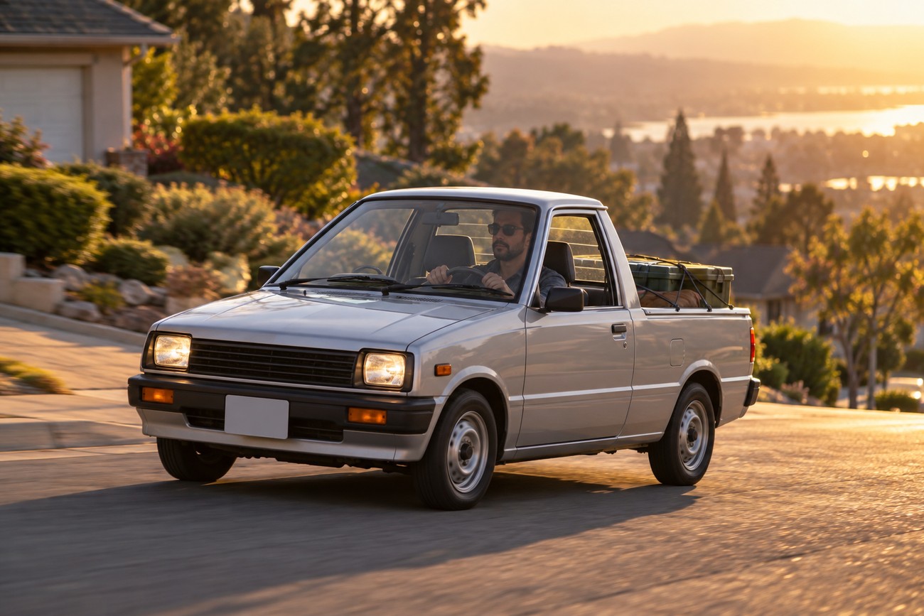 A silver Suzuki Mighty Boy kei coupe pickup drives on a suburban road at sunset with a driver inside