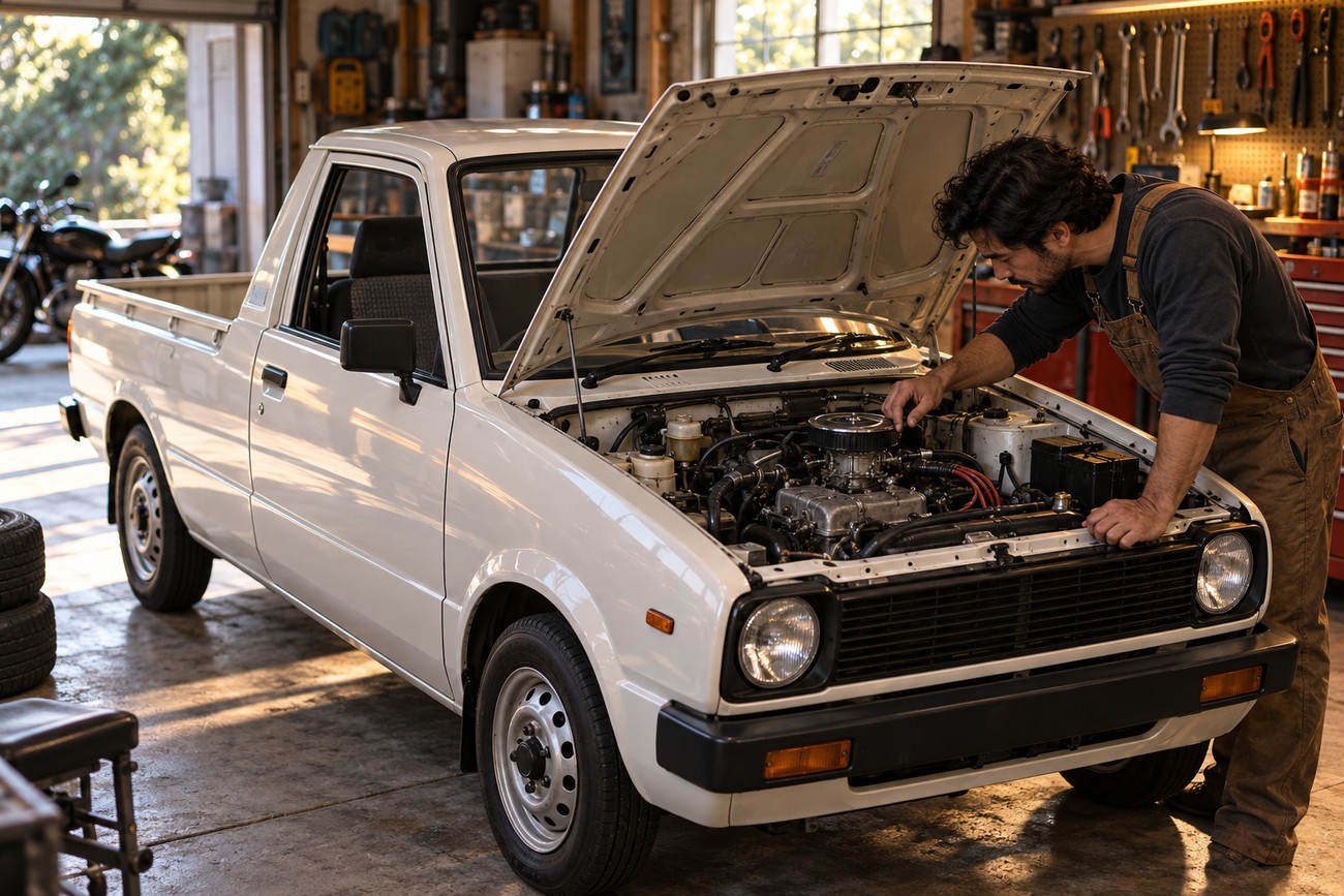 A mechanic in overalls inspects the open engine bay of a classic white Suzuki Mighty Boy kei pickup truck inside a workshop
