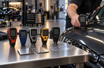 A professional detailer using a digital paint thickness gauge on a glossy black car hood next to a workbench displaying five different gauges