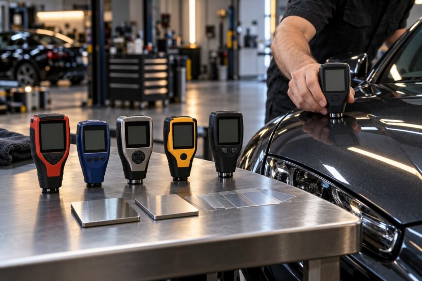 A professional detailer using a digital paint thickness gauge on a glossy black car hood next to a workbench displaying five different gauges