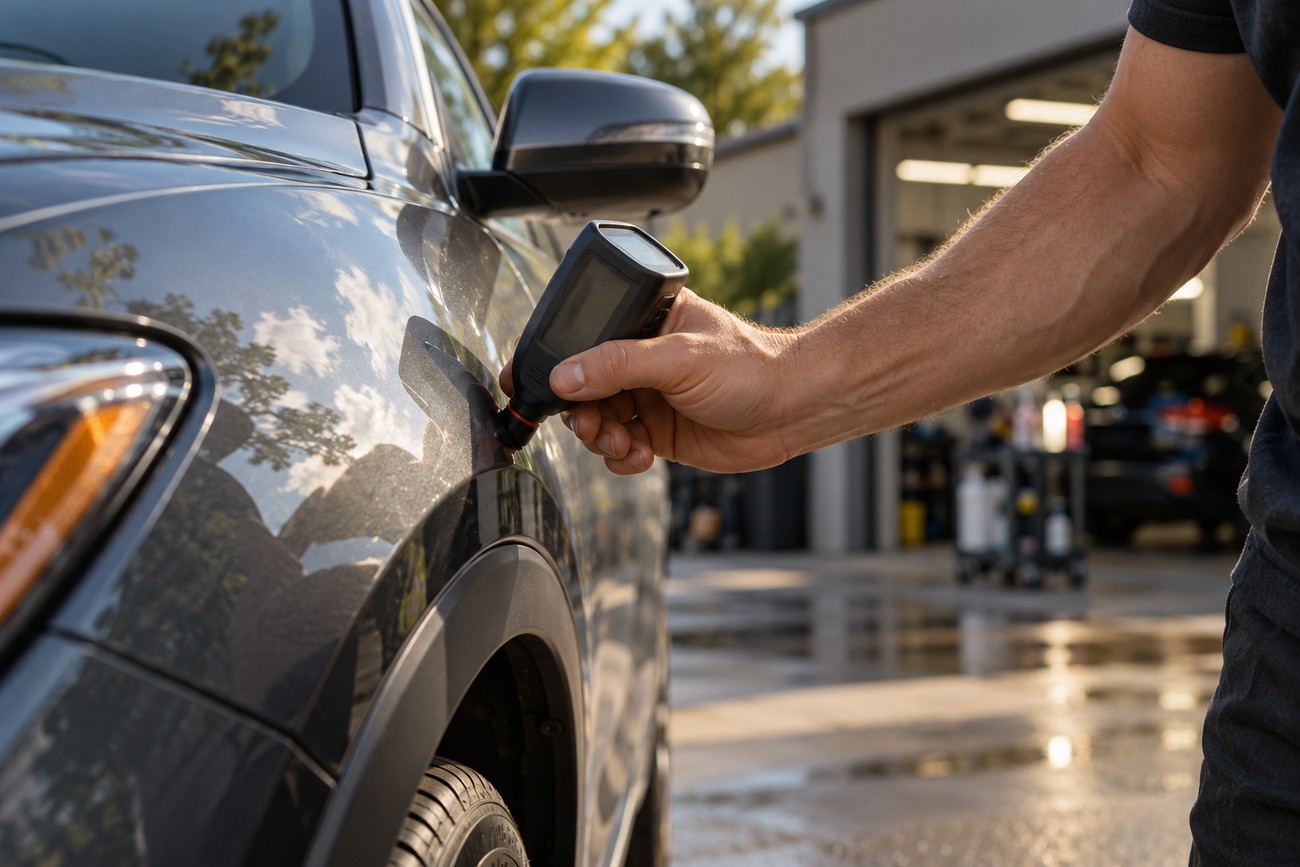 A professional detailer holding a digital paint thickness gauge against the body panel of a gray car