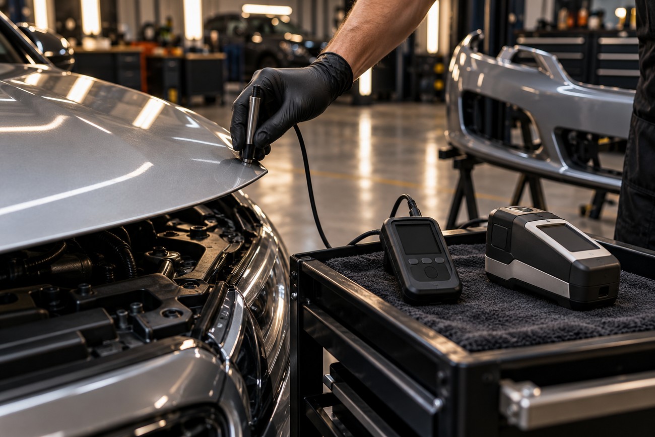 A professional in black gloves uses a paint thickness gauge probe on the hood of a silver car in a workshop
