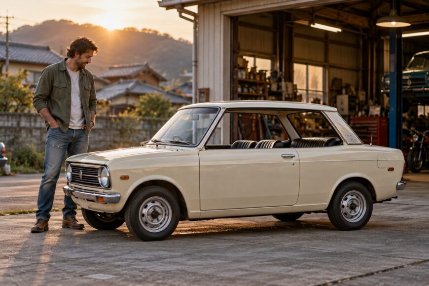 A smiling man standing next to a vintage beige Daihatsu Fellow Max hardtop parked outside a Japanese garage at sunset
