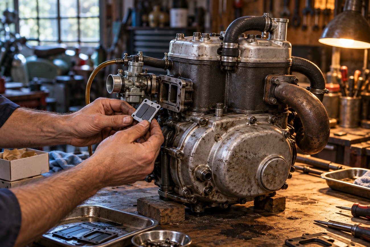 Mechanic holding a small reed valve component in hands next to a dismantled two-stroke engine on a wooden workbench in a workshop