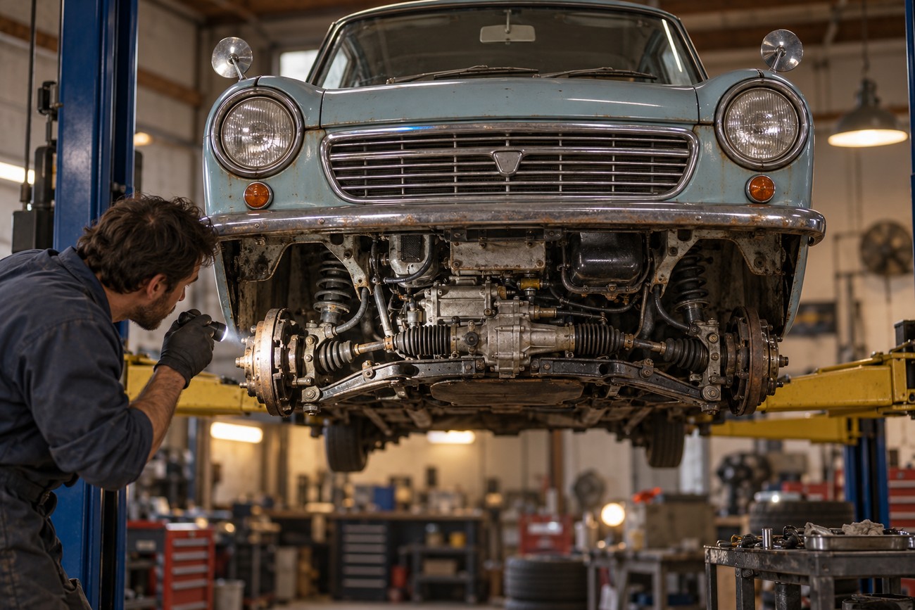 Mechanic using a flashlight to inspect the front suspension and underbody of a vintage light blue Daihatsu Fellow Max Kei car on a lift in a repair shop