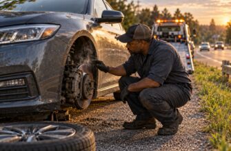 A mechanic in work clothes inspects the smoking brake rotor of a disabled car on the roadside