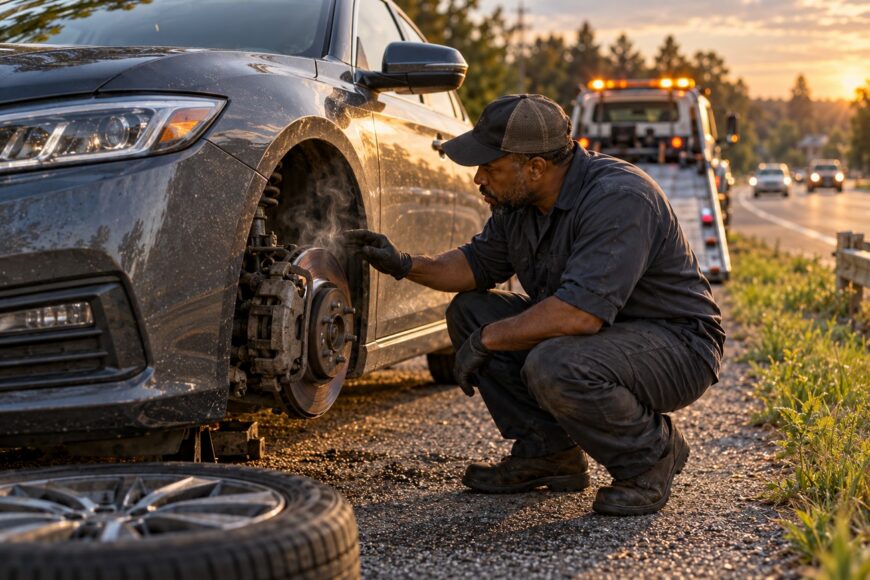 A mechanic in work clothes inspects the smoking brake rotor of a disabled car on the roadside
