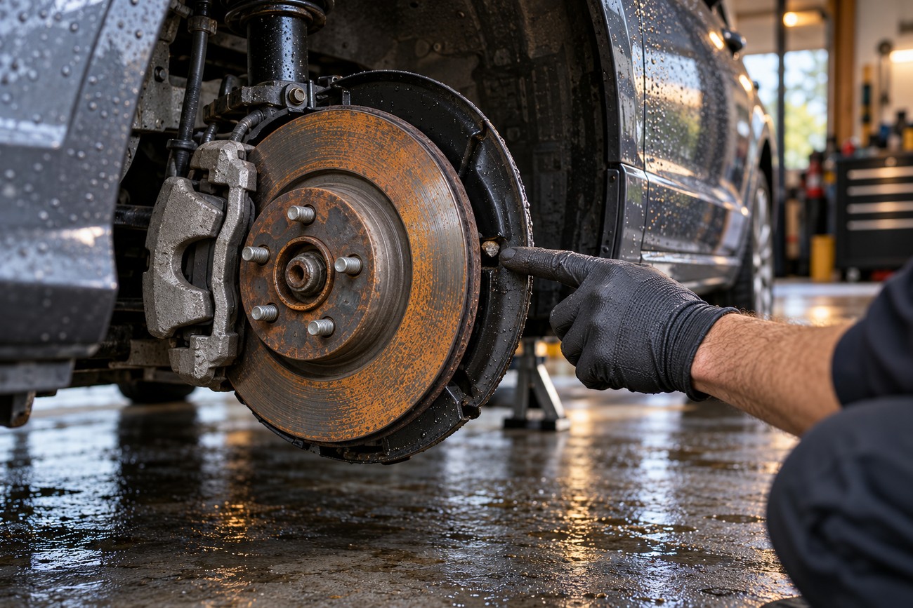 Mechanic in black gloves pointing at a rusted car brake rotor in an auto repair shop