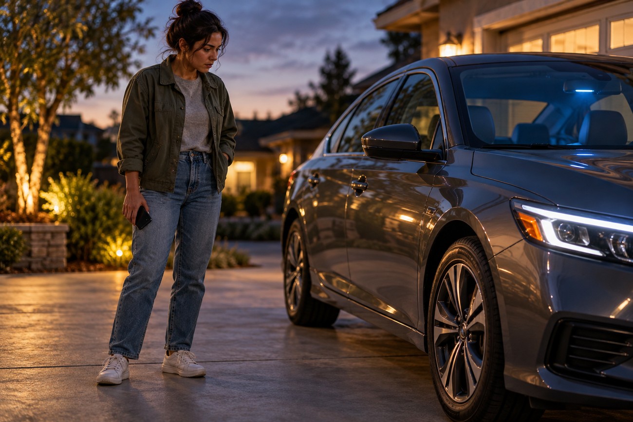 A woman standing by her car in a driveway at dusk looking concerned about vehicle brake issues