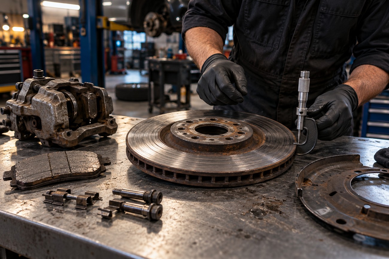 Mechanic in black gloves measuring a worn car brake rotor with a micrometer on a workshop workbench